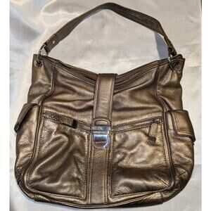 Michael Kors Metallic Champagne Gold Leather Buckle Shoulder Bag Purse Handbag